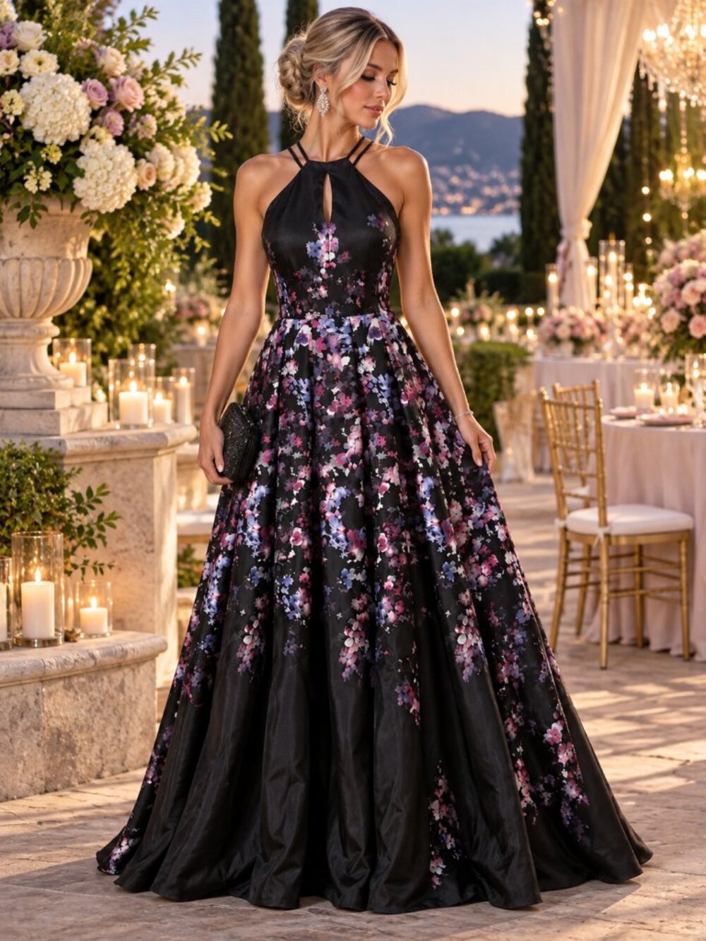 Elegant Floral Satin Evening Gown — Junior Size 9 NWOT